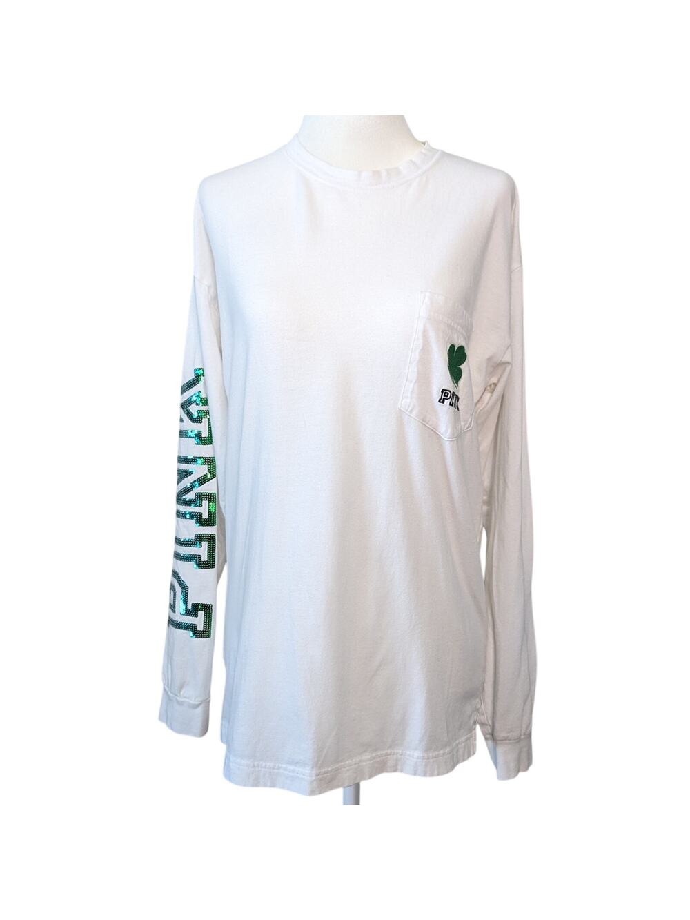 VS PINK White St. Patrick's Day Long Sleeve Crew Neck Sequin T-Shirt Size XS